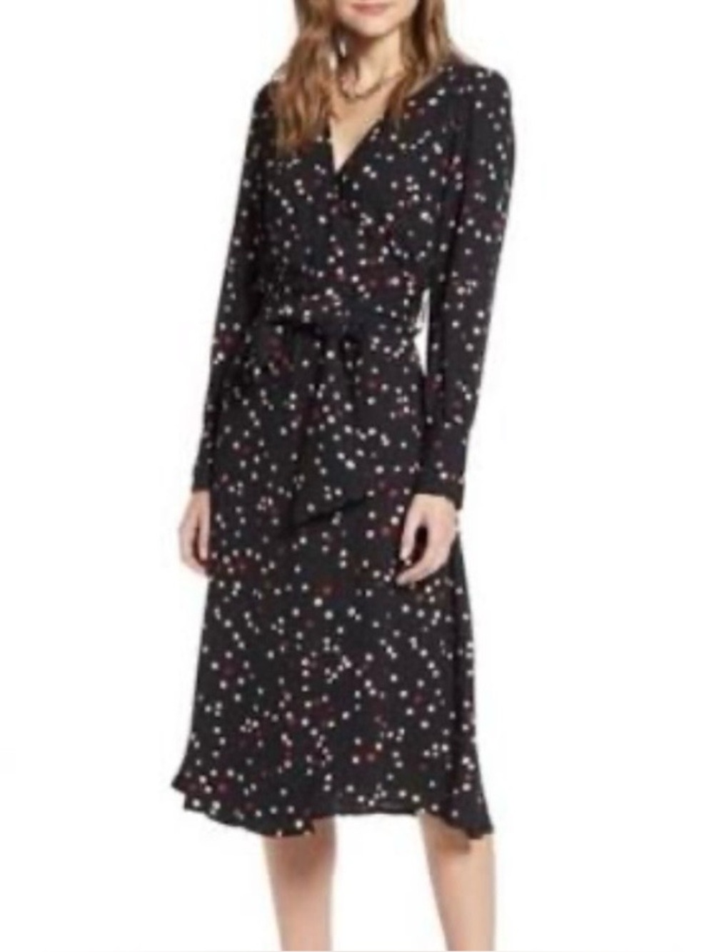 HALOGEN Black Dot Midi Wrap Dress